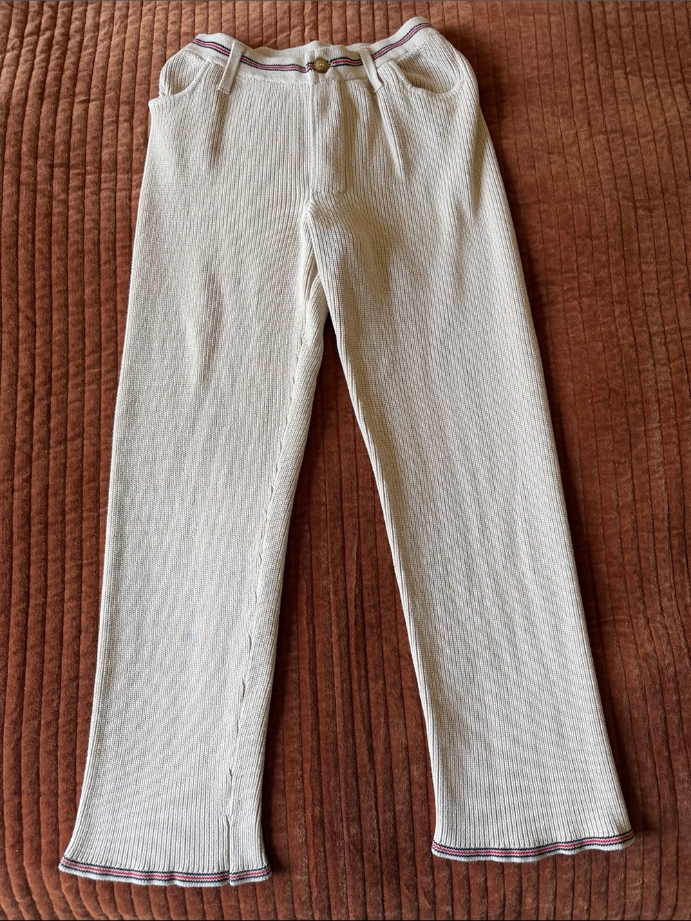 STILL HERE Cream Ribbed Knit “Childhood” Pants with Red and Blue Trim